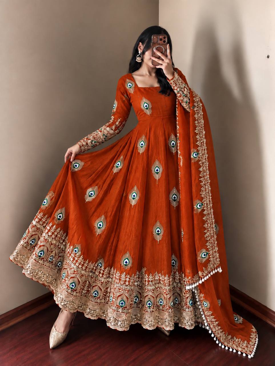Party Wear Fendy Silk Heavy Embroidered Gown Set with Pant & Dupatta
