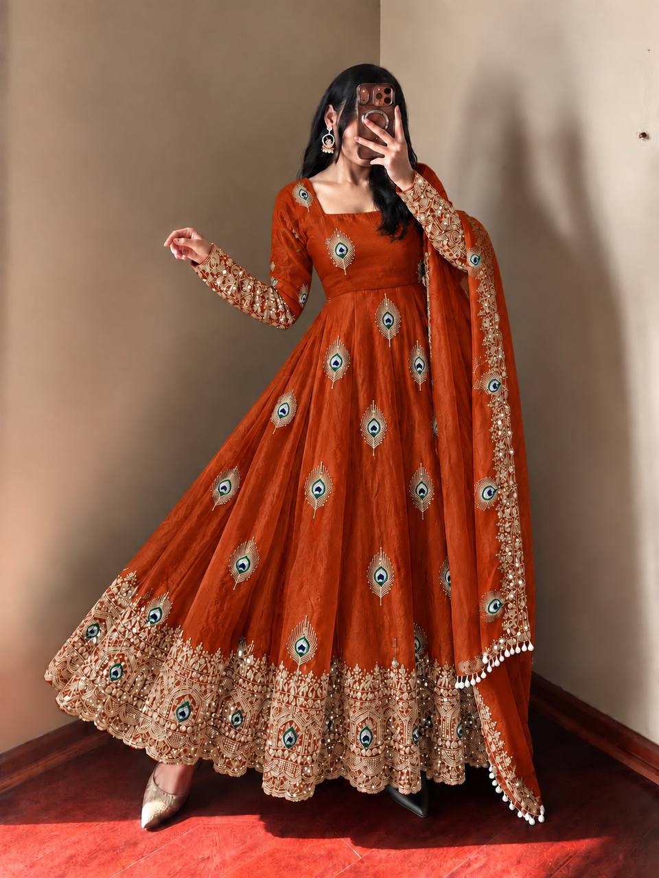 Party Wear Fendy Silk Heavy Embroidered Gown Set with Pant & Dupatta