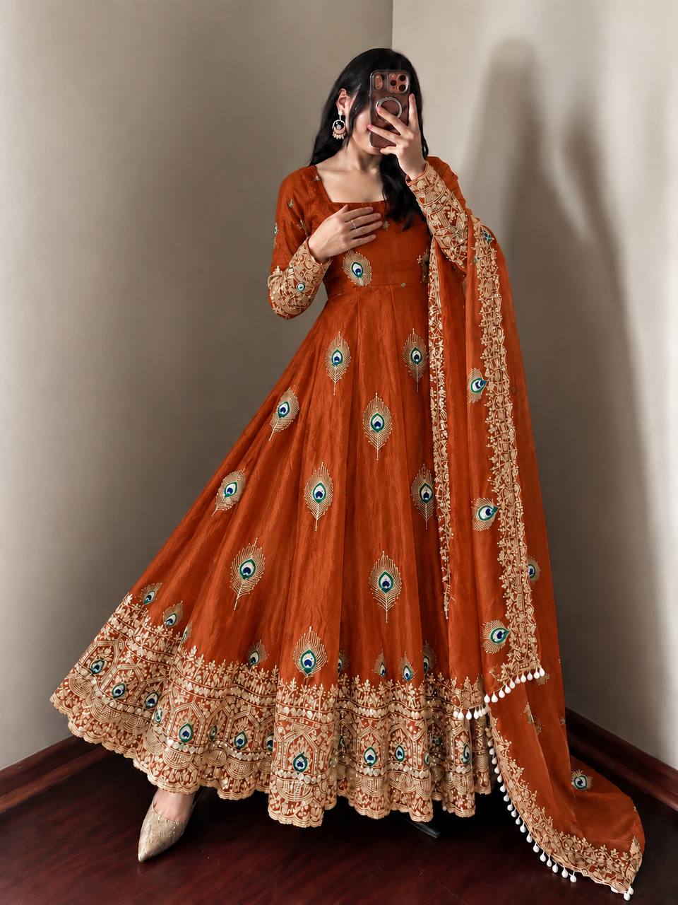 Party Wear Fendy Silk Heavy Embroidered Gown Set with Pant & Dupatta