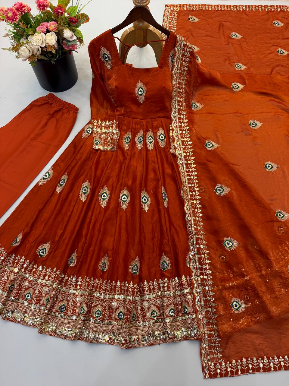 Party Wear Fendy Silk Heavy Embroidered Gown Set with Pant & Dupatta