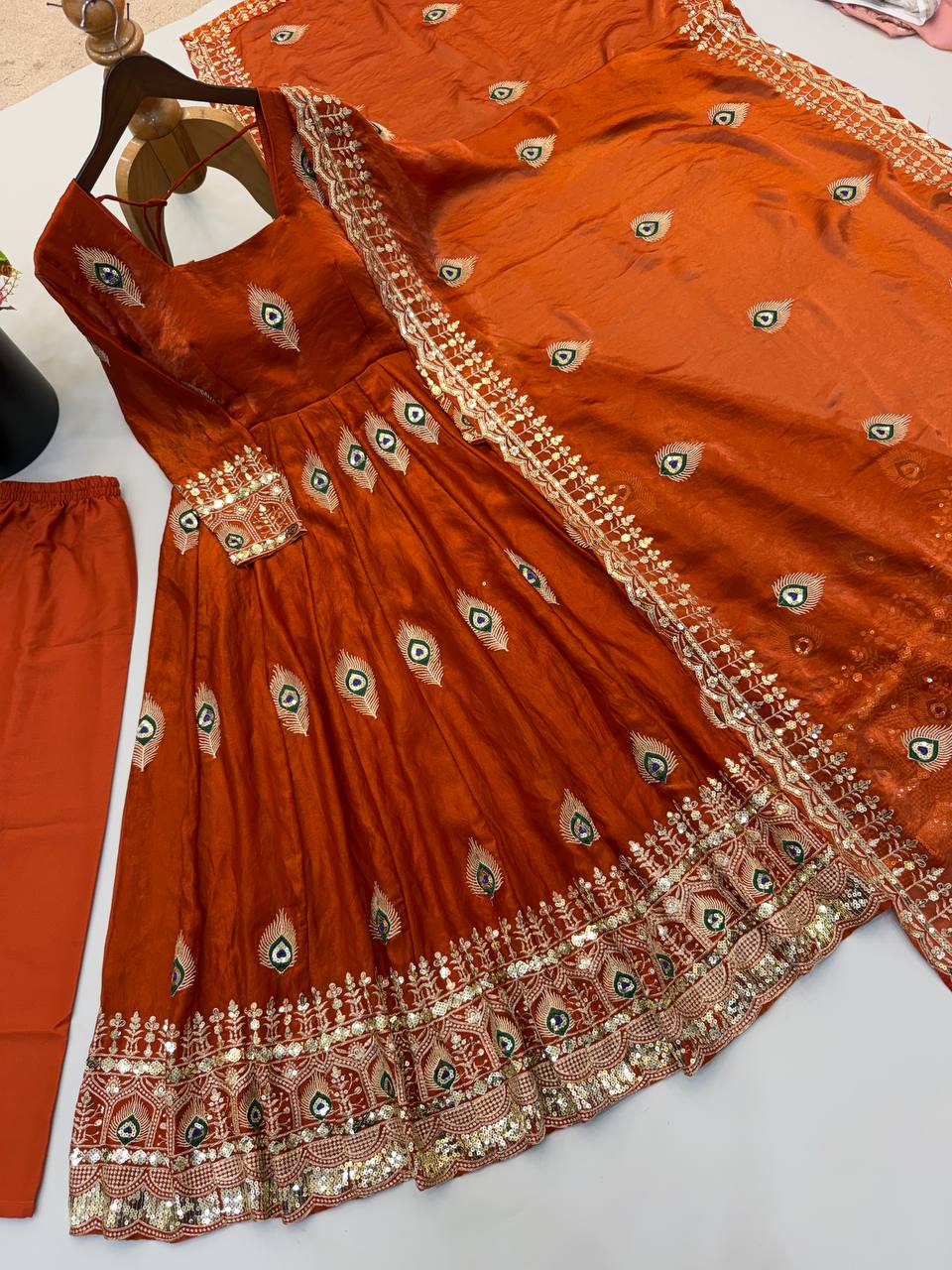 Party Wear Fendy Silk Heavy Embroidered Gown Set with Pant & Dupatta