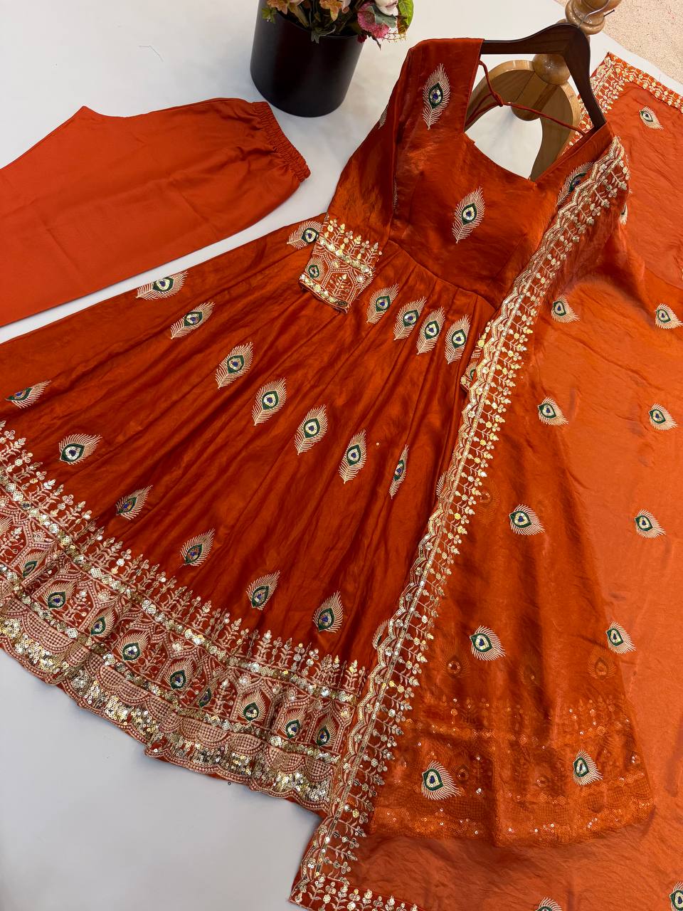 Party Wear Fendy Silk Heavy Embroidered Gown Set with Pant & Dupatta