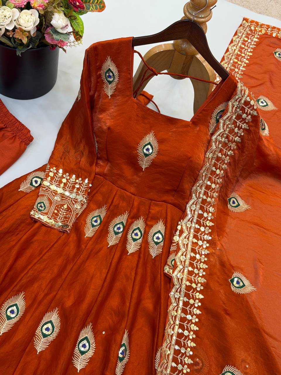 Party Wear Fendy Silk Heavy Embroidered Gown Set with Pant & Dupatta
