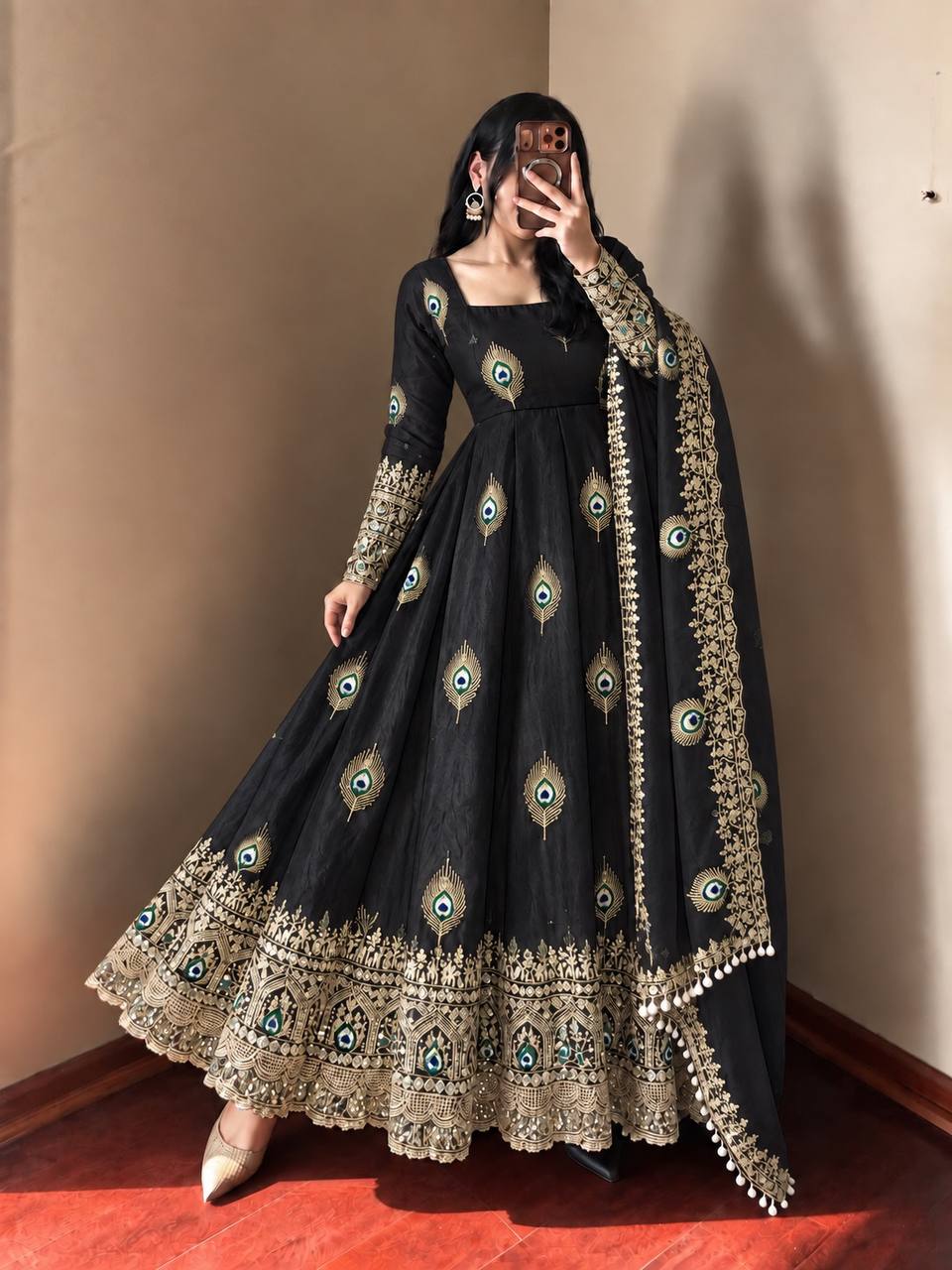 Party Wear Fendy Silk Heavy Embroidered Gown Set with Pant & Dupatta