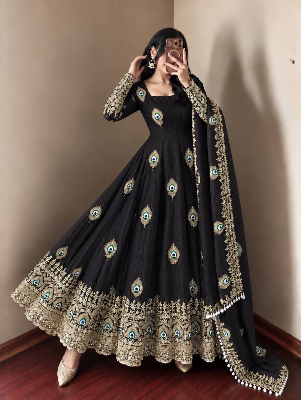 Party Wear Fendy Silk Heavy Embroidered Gown Set with Pant & Dupatta