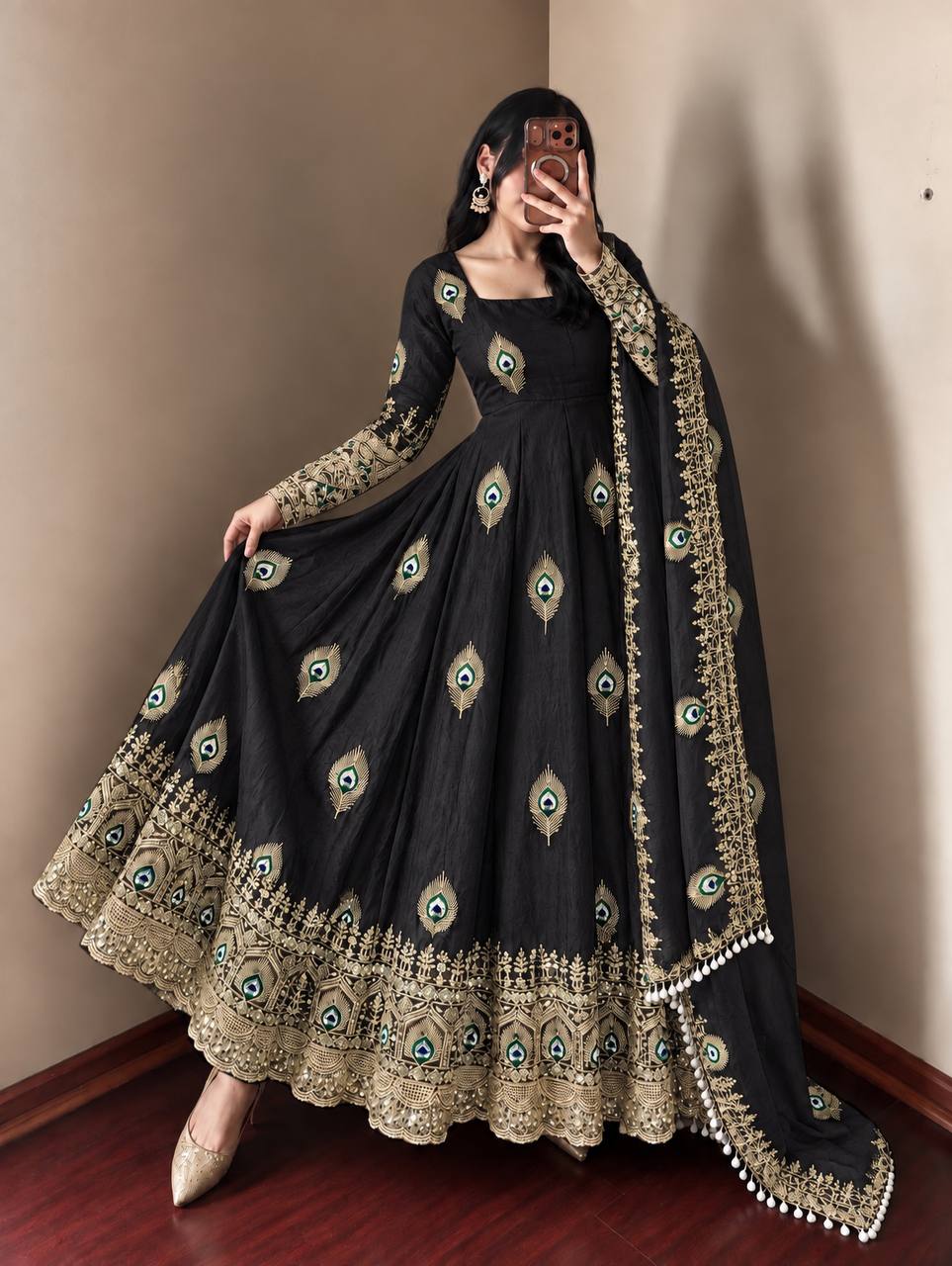 Party Wear Fendy Silk Heavy Embroidered Gown Set with Pant & Dupatta