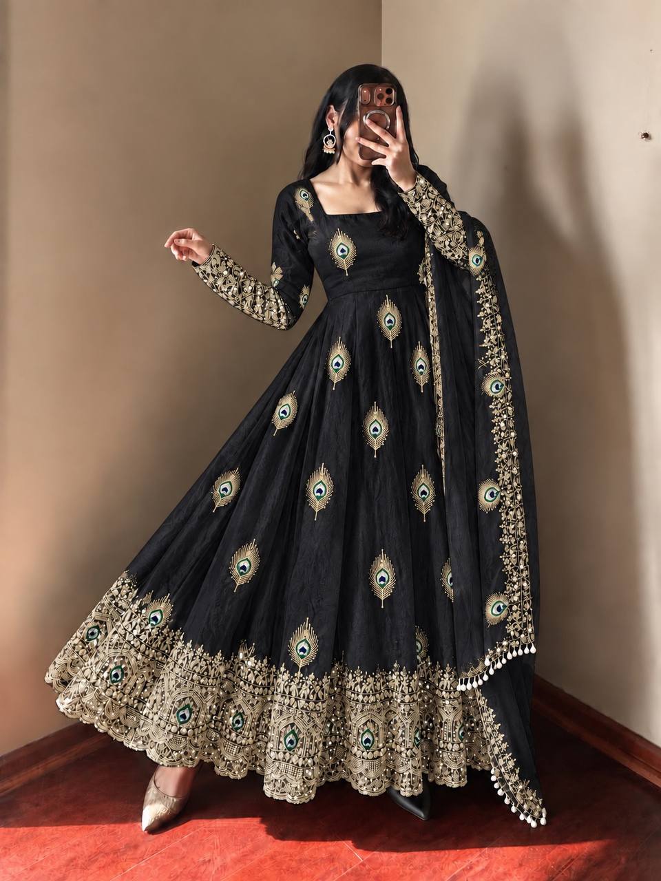 Party Wear Fendy Silk Heavy Embroidered Gown Set with Pant & Dupatta