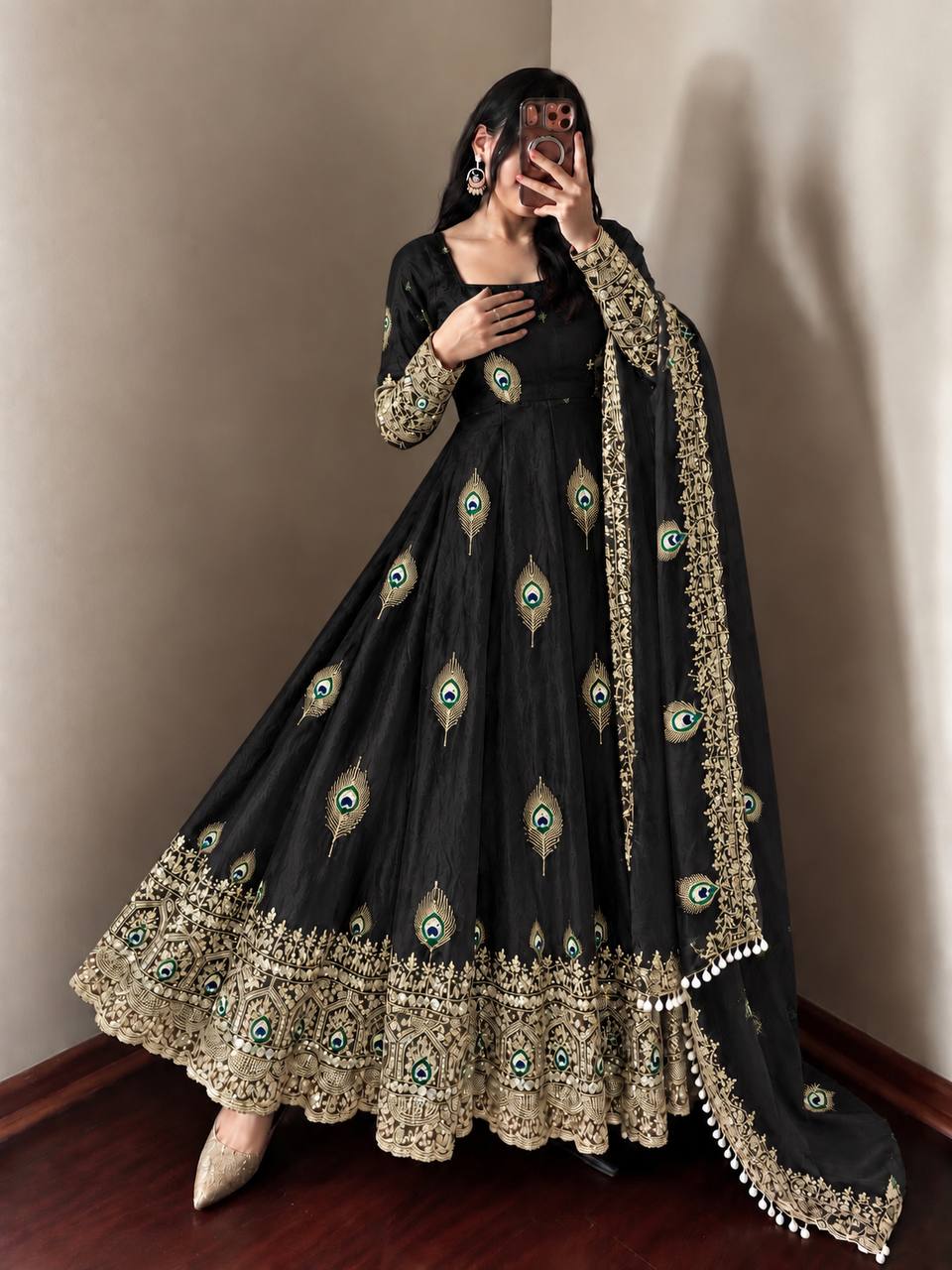 Party Wear Fendy Silk Heavy Embroidered Gown Set with Pant & Dupatta