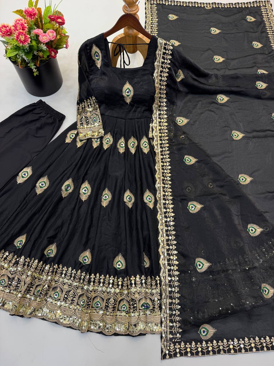Party Wear Fendy Silk Heavy Embroidered Gown Set with Pant & Dupatta