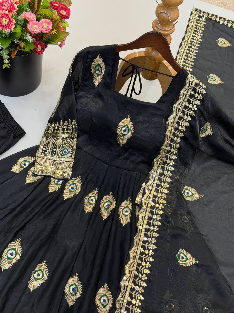 Party Wear Fendy Silk Heavy Embroidered Gown Set with Pant & Dupatta