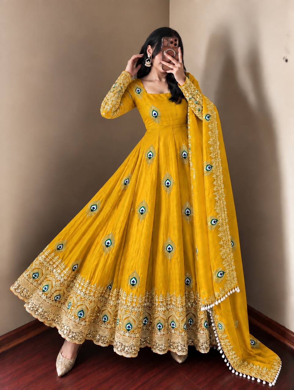 Party Wear Fendy Silk Heavy Embroidered Gown Set with Pant & Dupatta