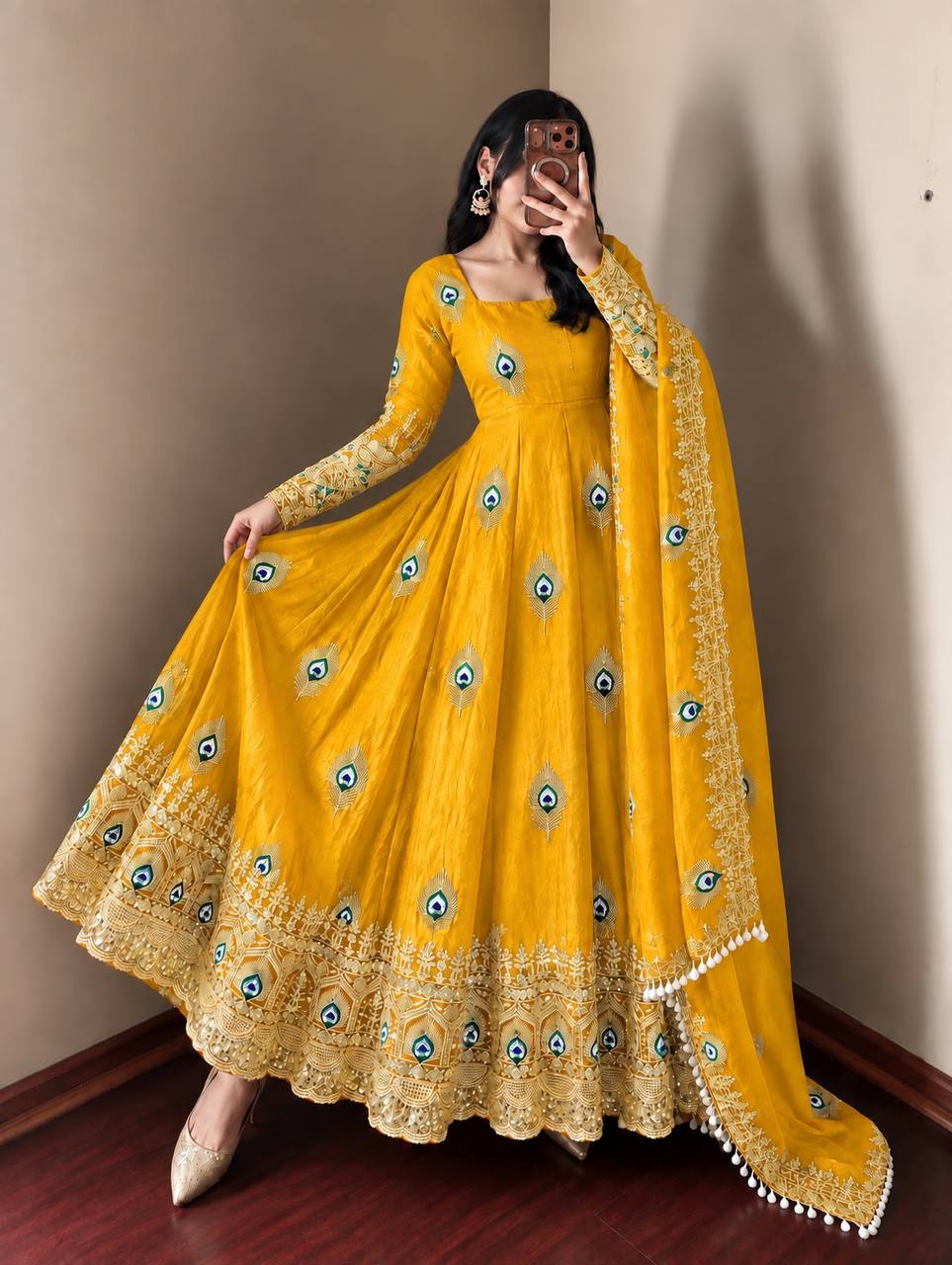Party Wear Fendy Silk Heavy Embroidered Gown Set with Pant & Dupatta