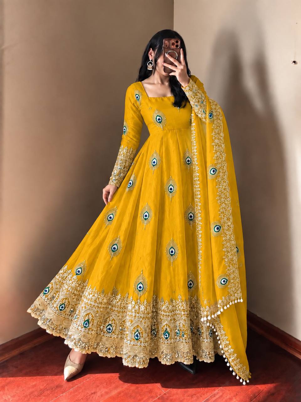 Party Wear Fendy Silk Heavy Embroidered Gown Set with Pant & Dupatta