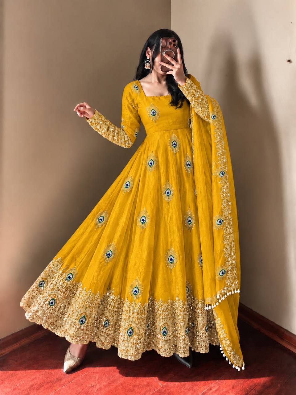 Party Wear Fendy Silk Heavy Embroidered Gown Set with Pant & Dupatta