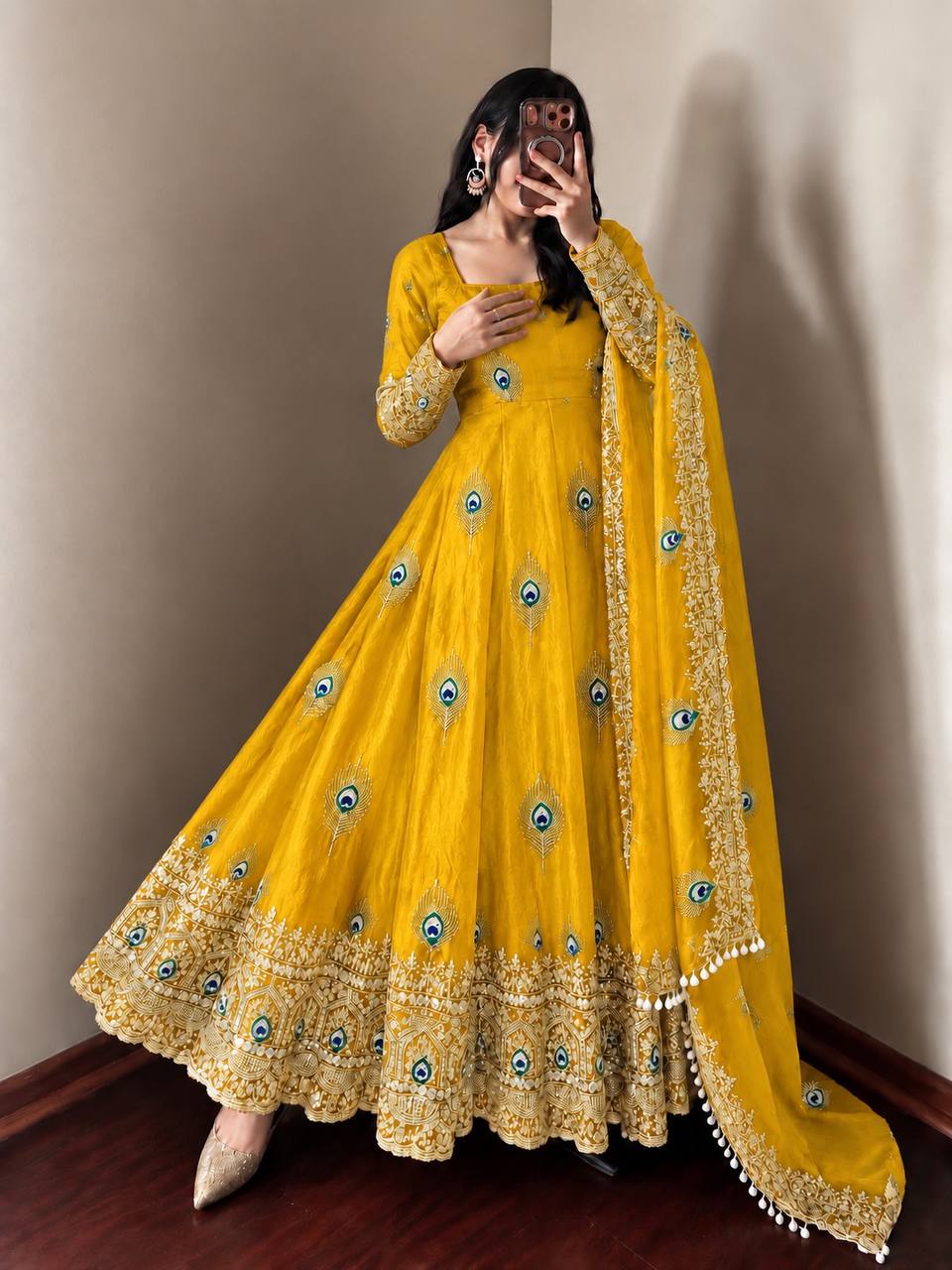 Party Wear Fendy Silk Heavy Embroidered Gown Set with Pant & Dupatta