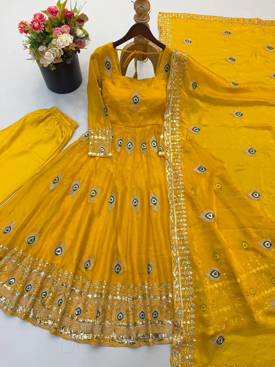 Party Wear Fendy Silk Heavy Embroidered Gown Set with Pant & Dupatta