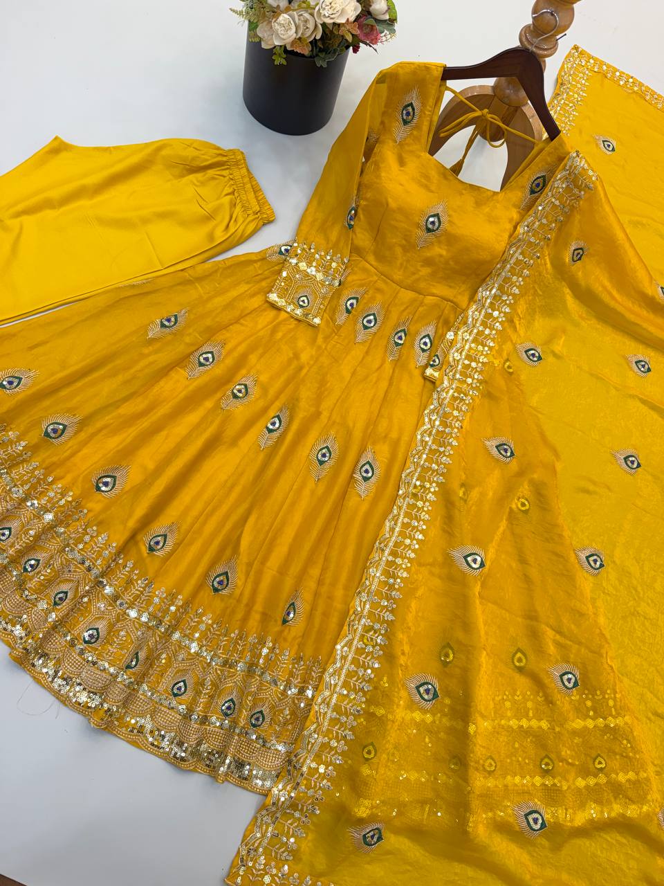 Party Wear Fendy Silk Heavy Embroidered Gown Set with Pant & Dupatta