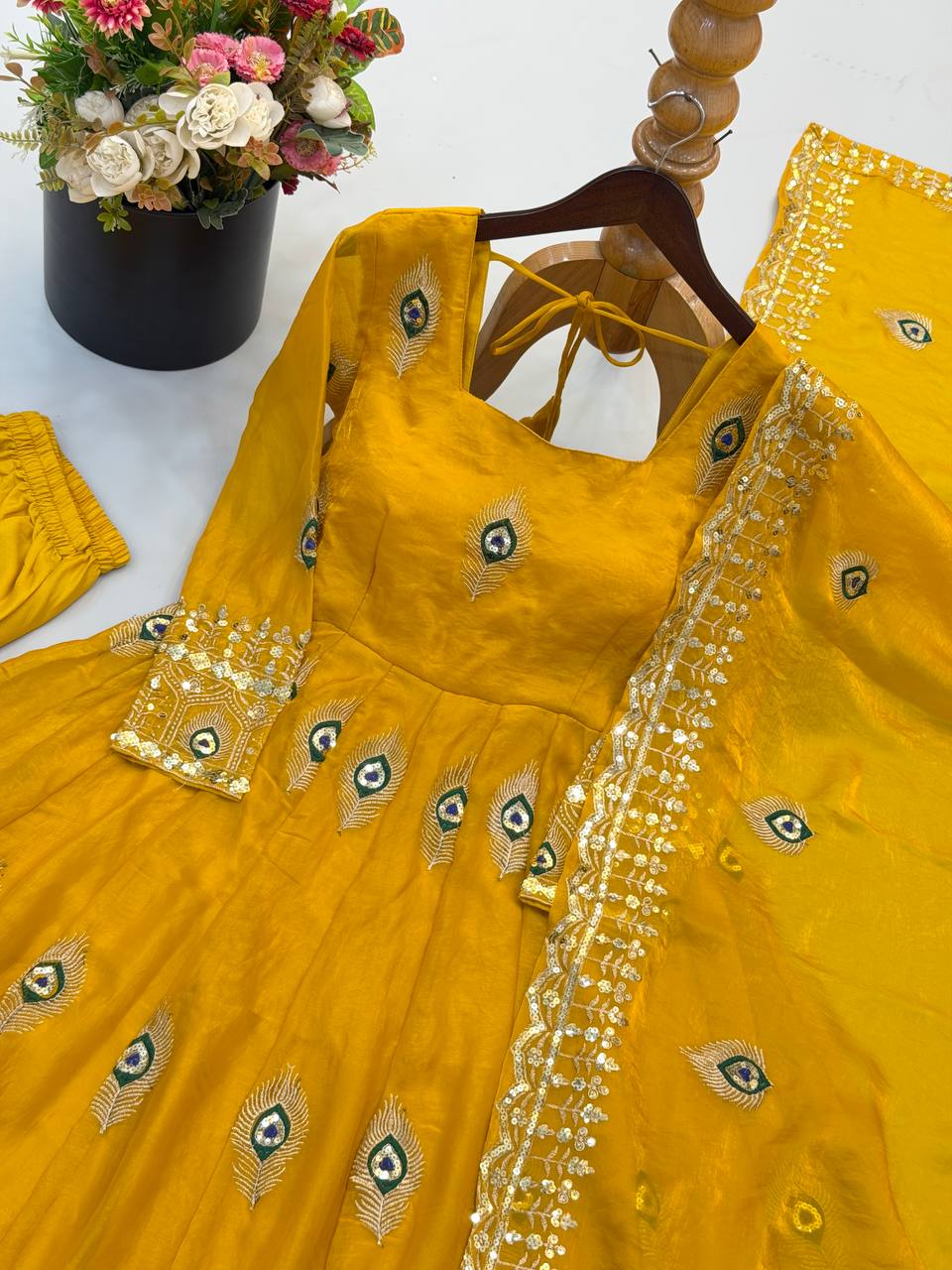 Party Wear Fendy Silk Heavy Embroidered Gown Set with Pant & Dupatta