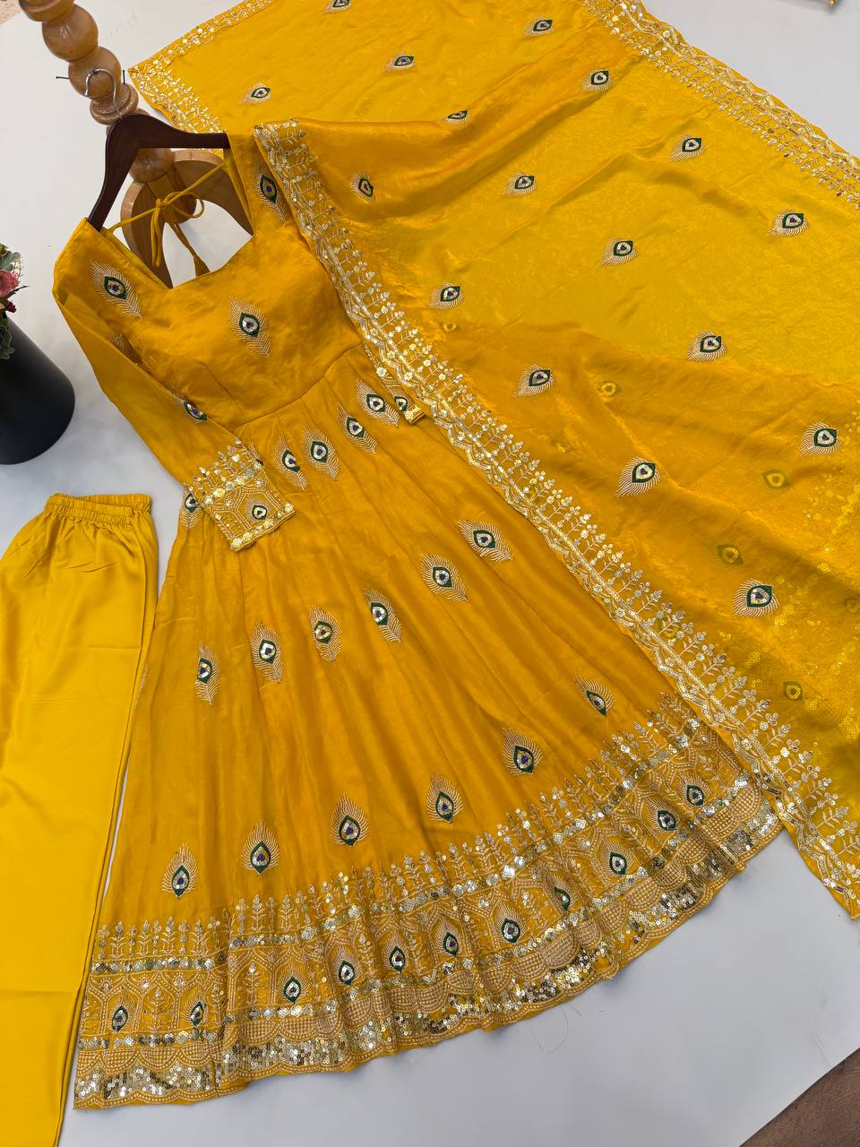 Party Wear Fendy Silk Heavy Embroidered Gown Set with Pant & Dupatta