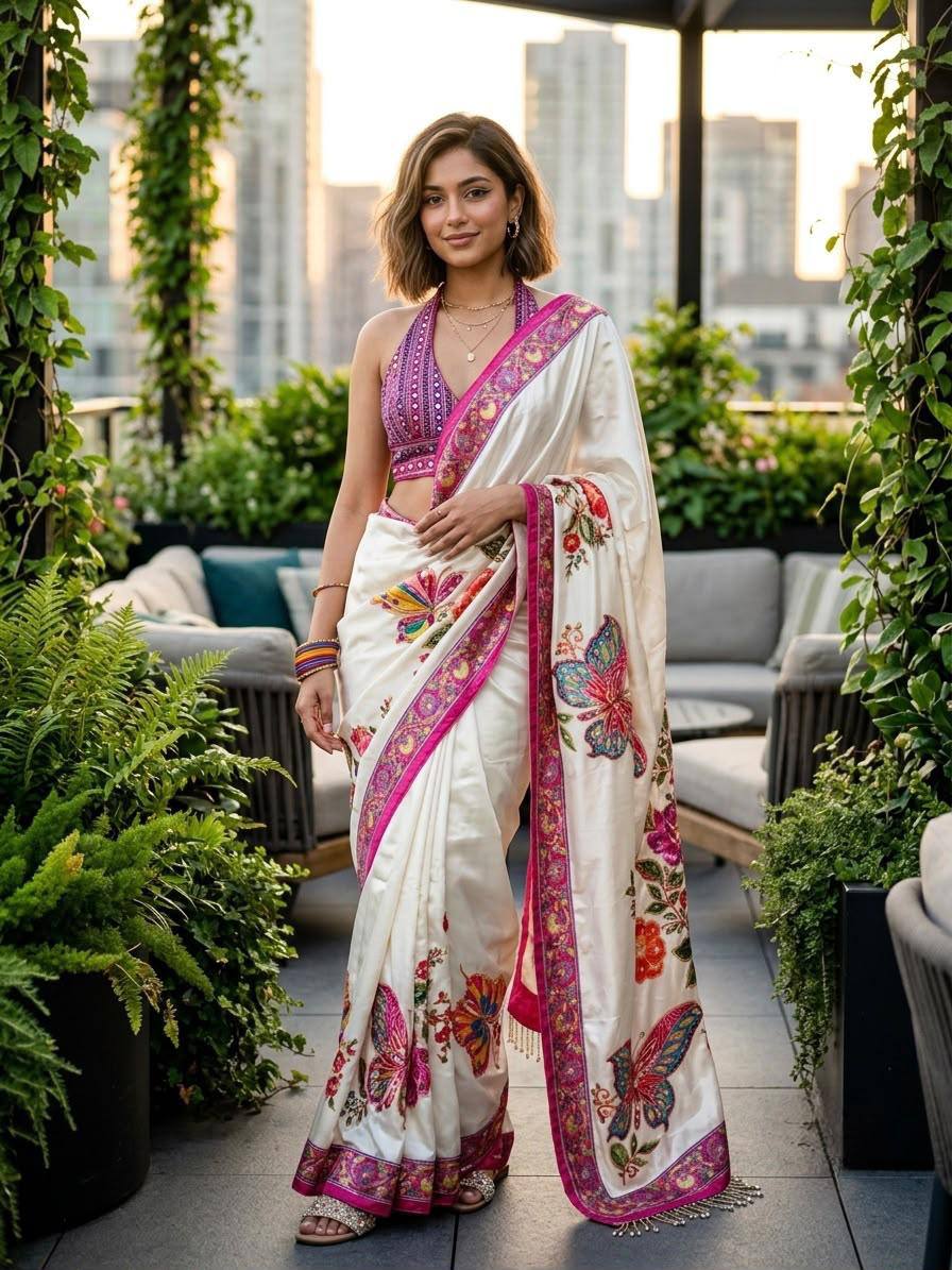 Crepe Silk Saree with Real Mirror Work & Moti Latkan