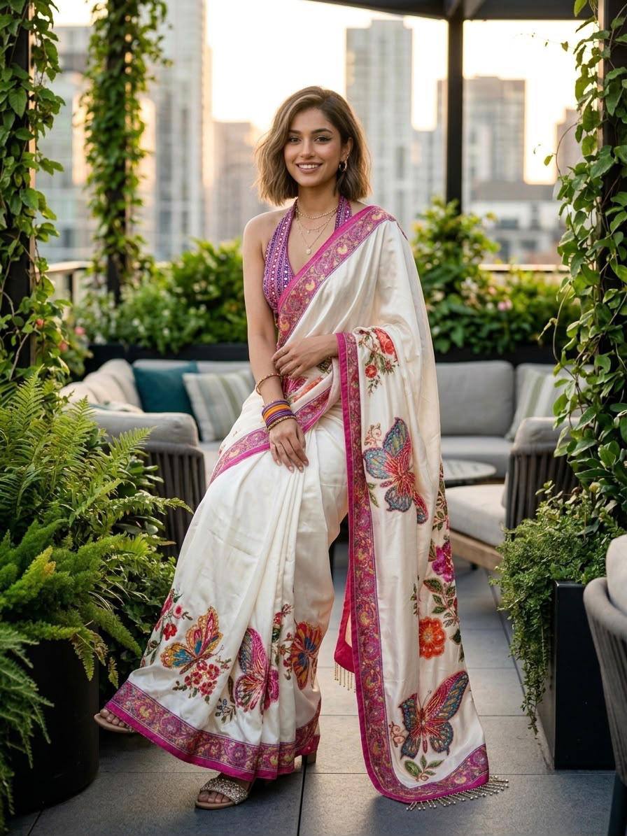 Crepe Silk Saree with Real Mirror Work & Moti Latkan