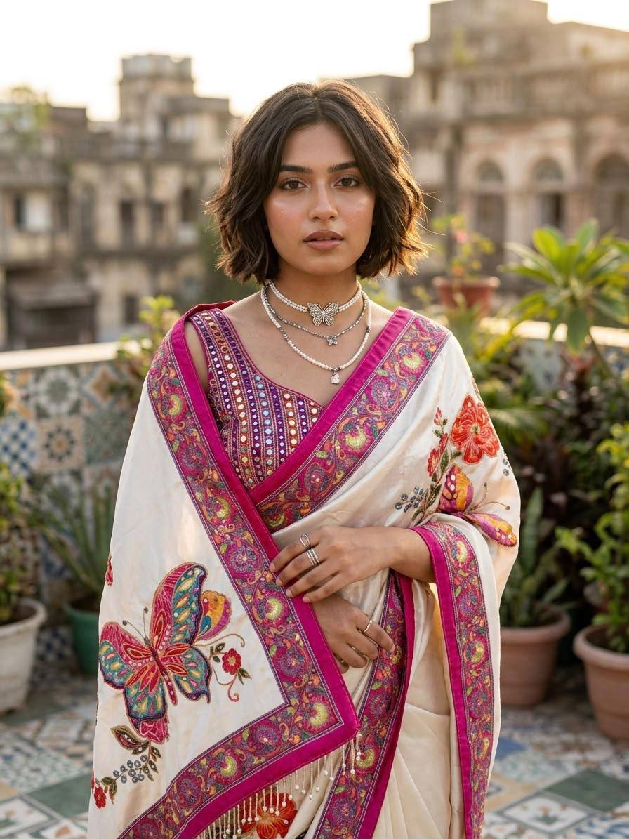 Crepe Silk Saree with Real Mirror Work & Moti Latkan