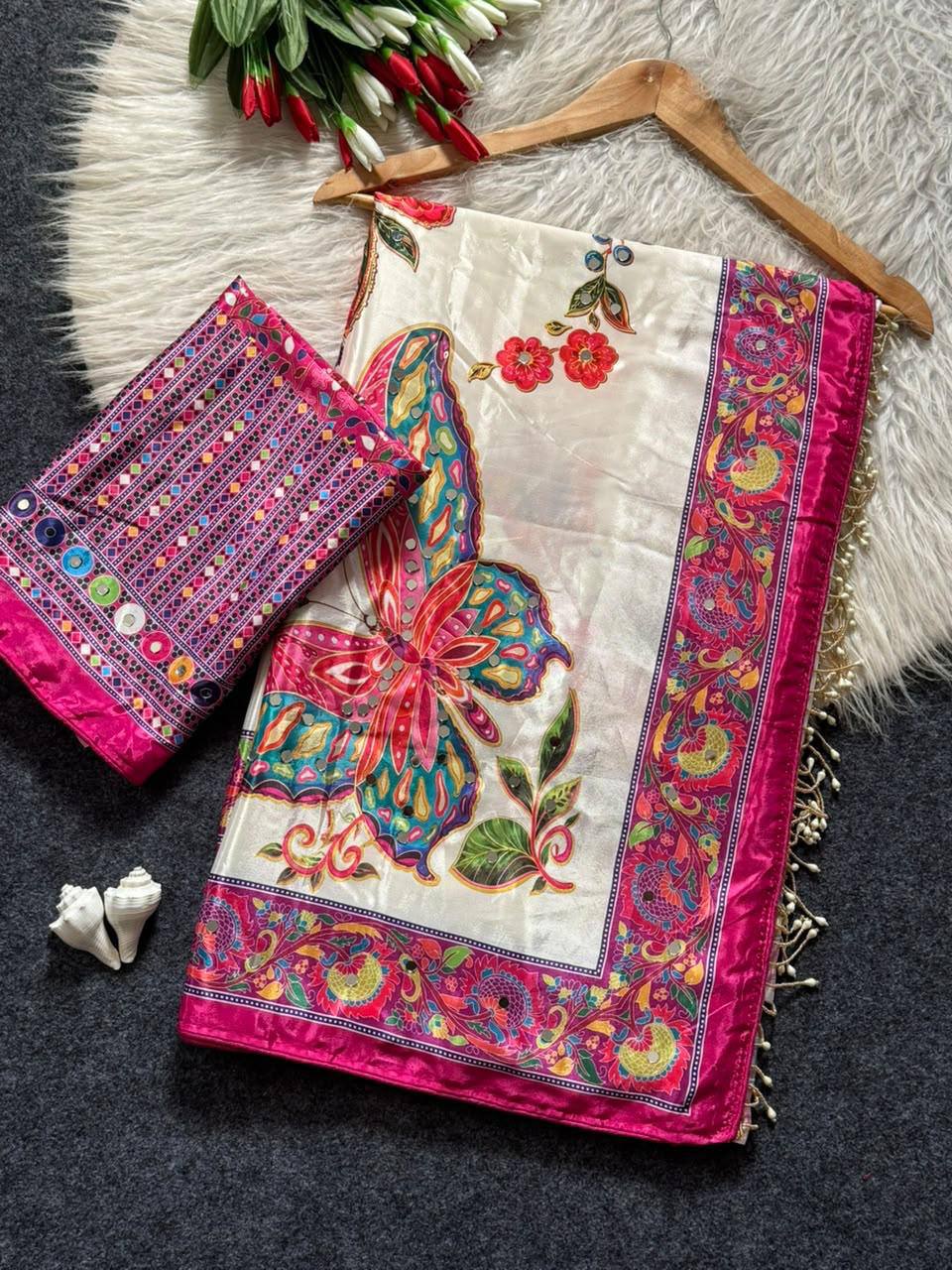 Crepe Silk Saree with Real Mirror Work & Moti Latkan