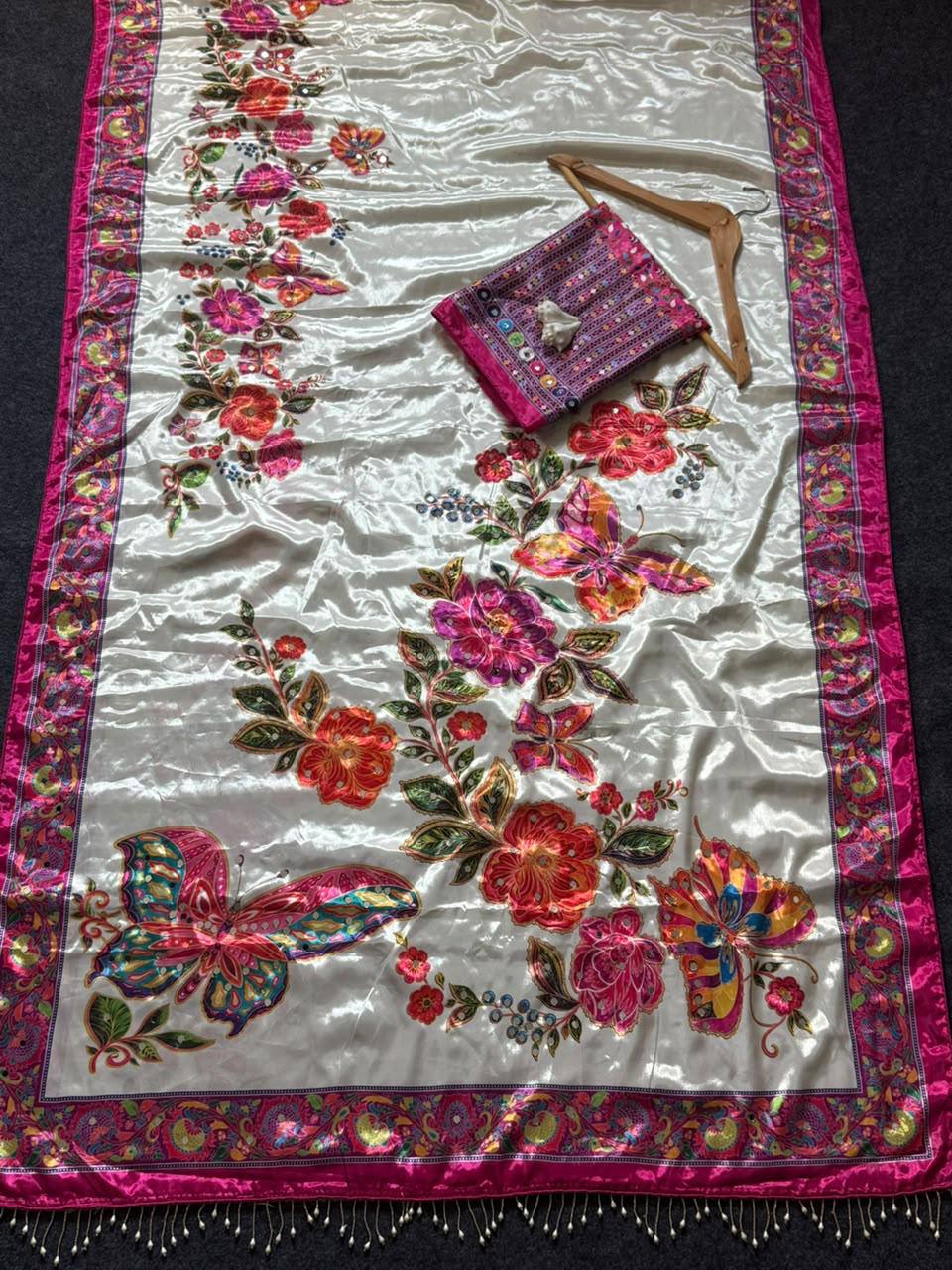 Crepe Silk Saree with Real Mirror Work & Moti Latkan