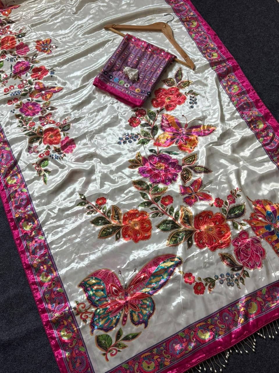 Crepe Silk Saree with Real Mirror Work & Moti Latkan