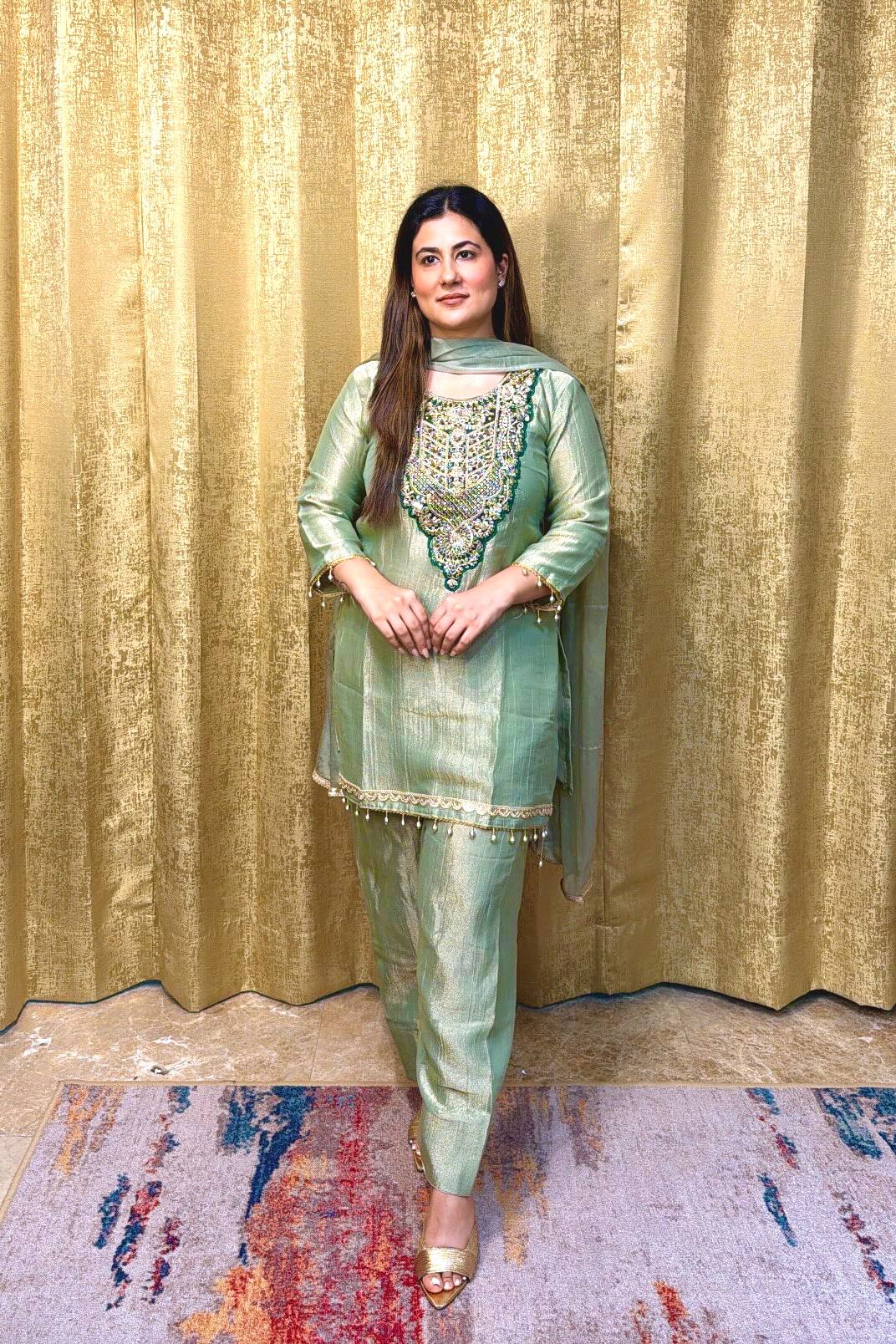 Designer Pure Tissue Salsa Kurti Palazzo Suit Set