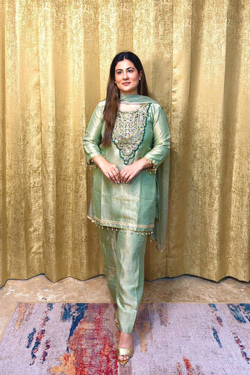 Designer Pure Tissue Salsa Kurti Palazzo Suit Set