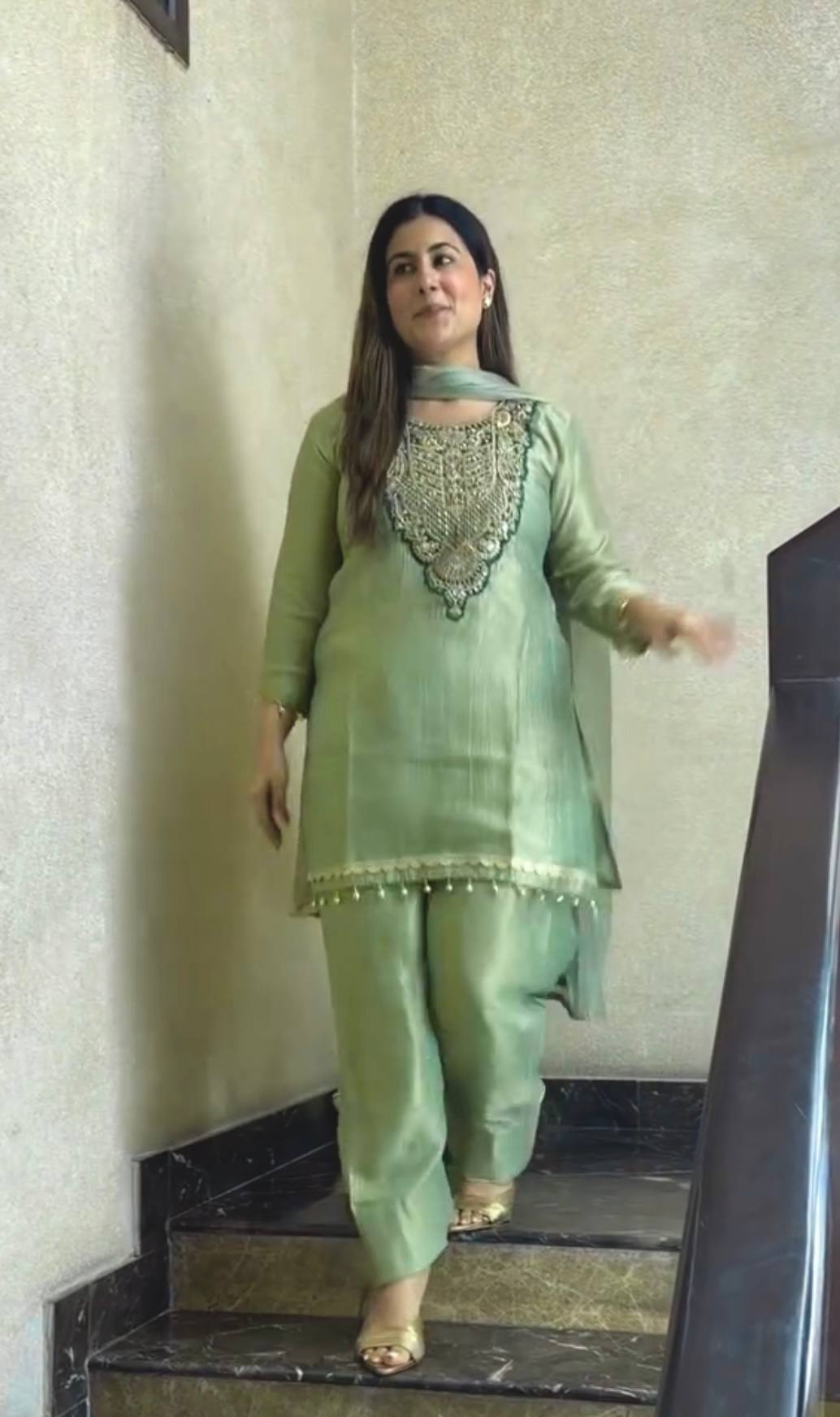 Designer Pure Tissue Salsa Kurti Palazzo Suit Set