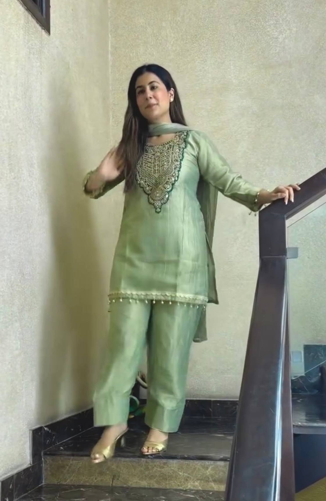 Designer Pure Tissue Salsa Kurti Palazzo Suit Set