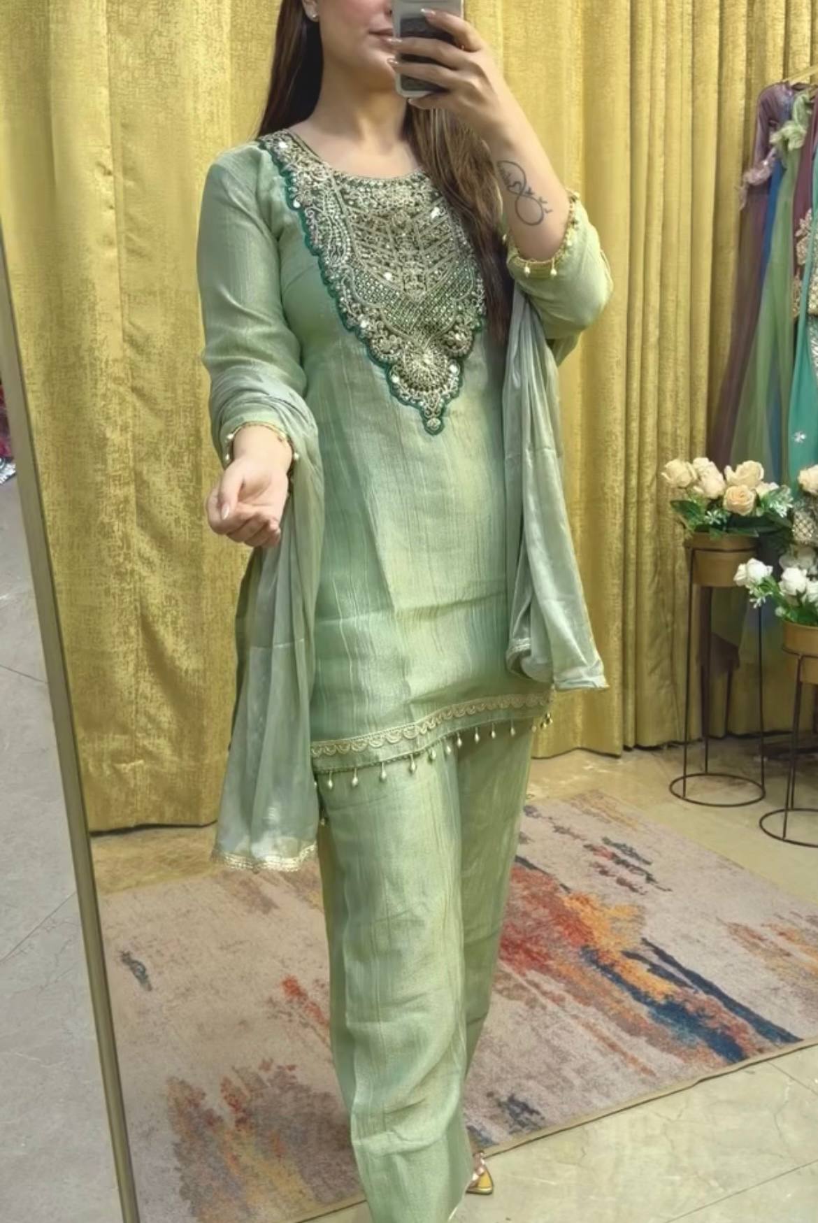 Designer Pure Tissue Salsa Kurti Palazzo Suit Set