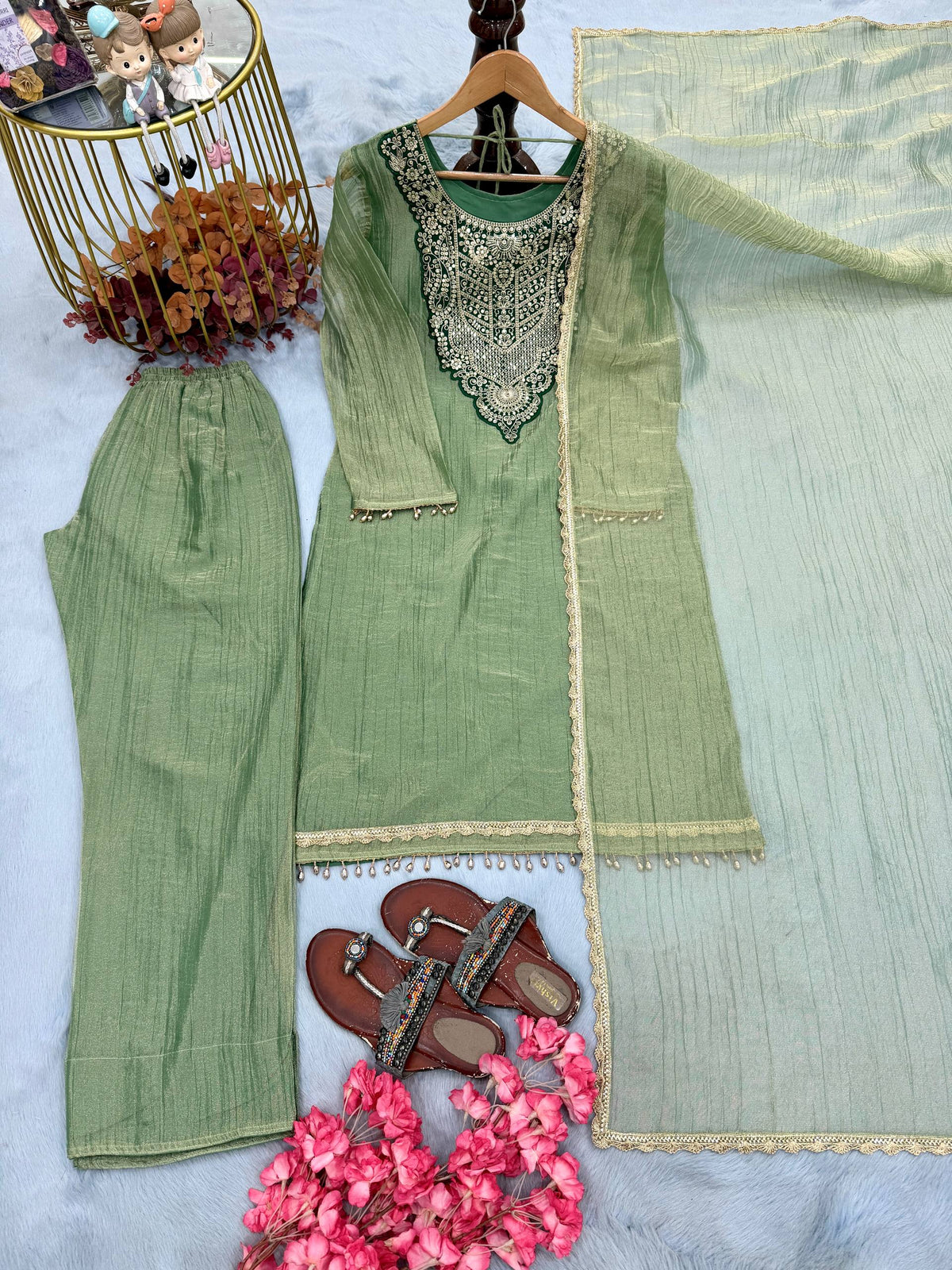 Designer Pure Tissue Salsa Kurti Palazzo Suit Set