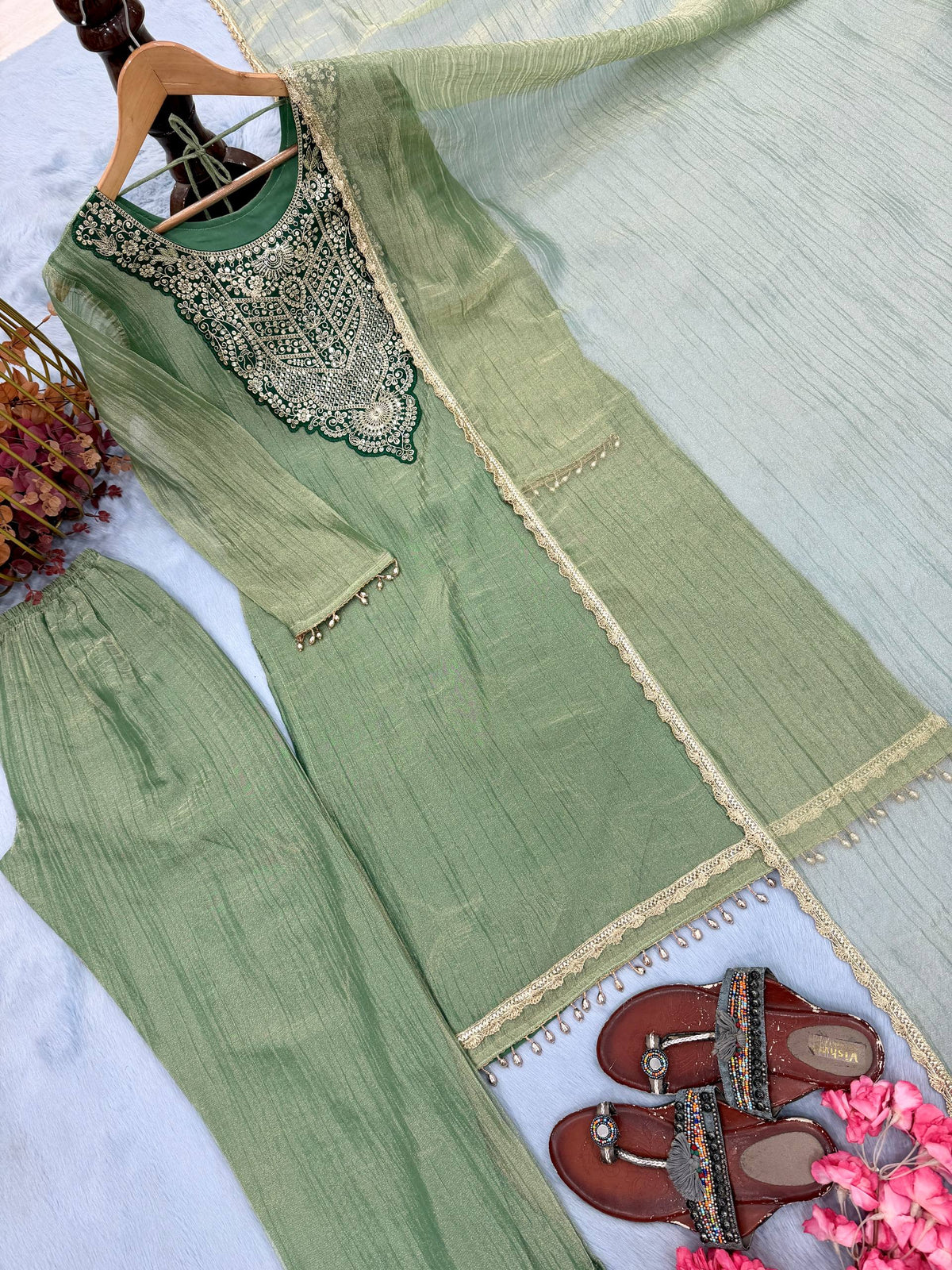 Designer Pure Tissue Salsa Kurti Palazzo Suit Set