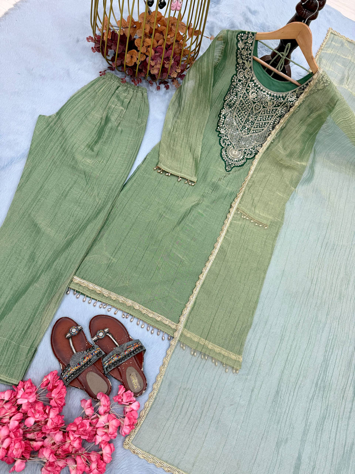 Designer Pure Tissue Salsa Kurti Palazzo Suit Set