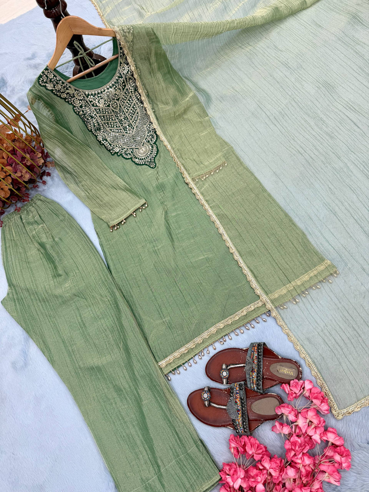 Designer Pure Tissue Salsa Kurti Palazzo Suit Set