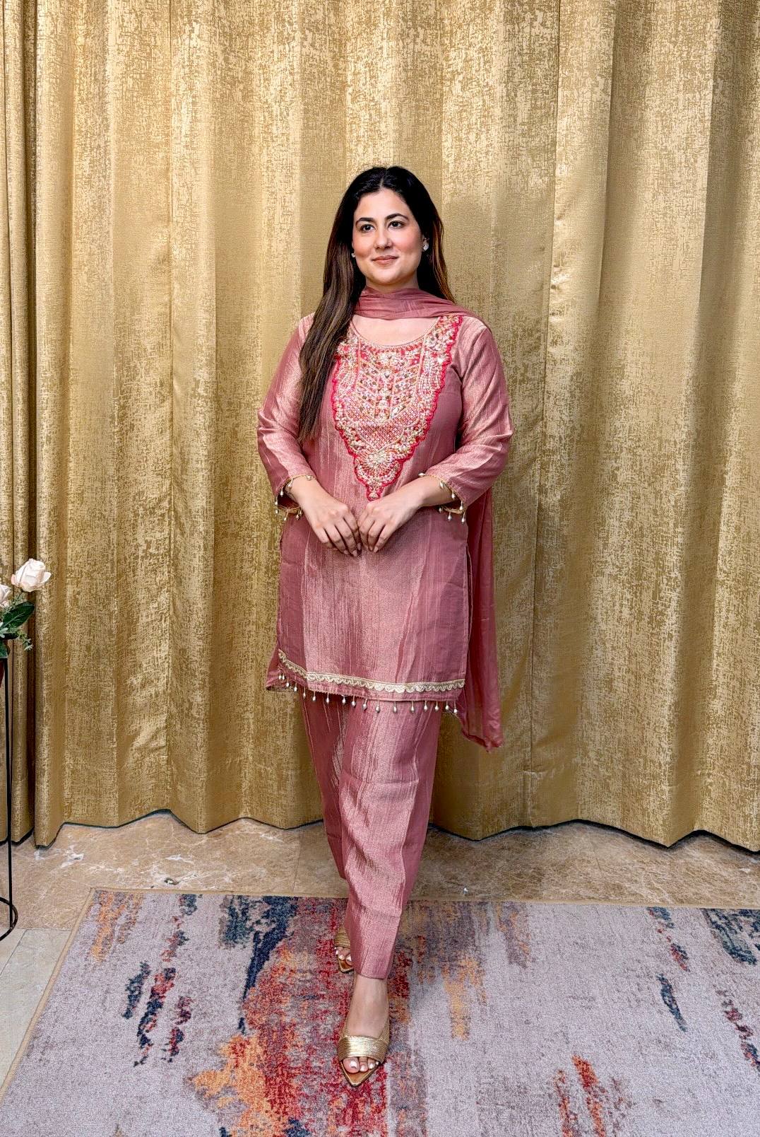 Designer Pure Tissue Salsa Kurti Palazzo Suit Set