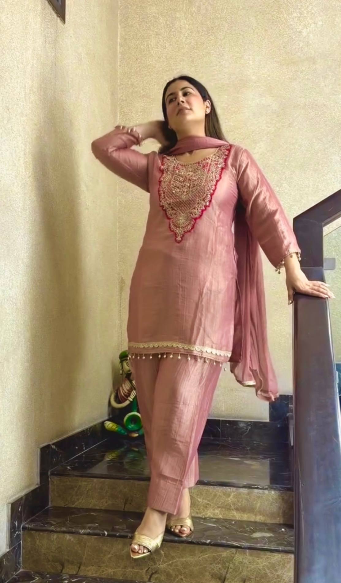 Designer Pure Tissue Salsa Kurti Palazzo Suit Set