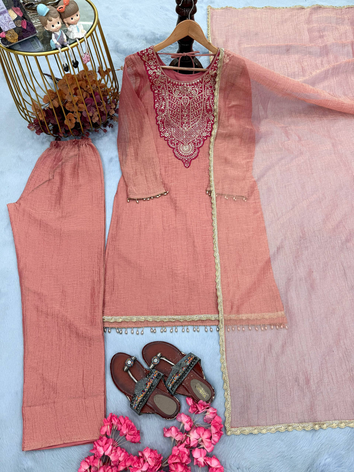 Designer Pure Tissue Salsa Kurti Palazzo Suit Set