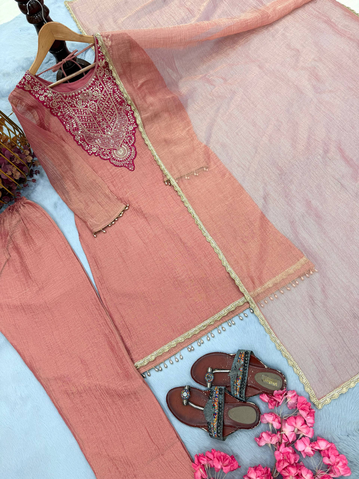 Designer Pure Tissue Salsa Kurti Palazzo Suit Set