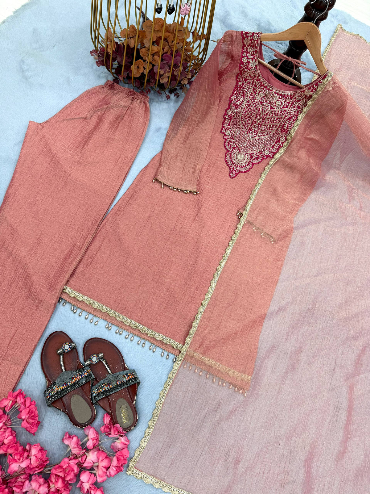 Designer Pure Tissue Salsa Kurti Palazzo Suit Set