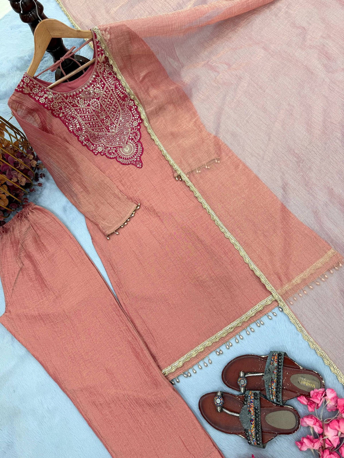 Designer Pure Tissue Salsa Kurti Palazzo Suit Set