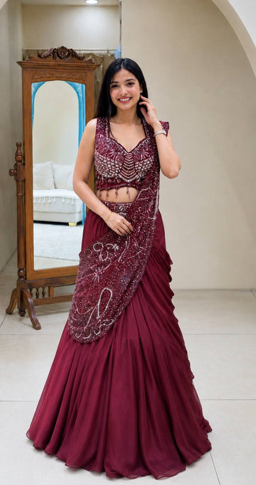 Embroidered Rangoli Silk Pre-Draped Lehenga Saree Set
