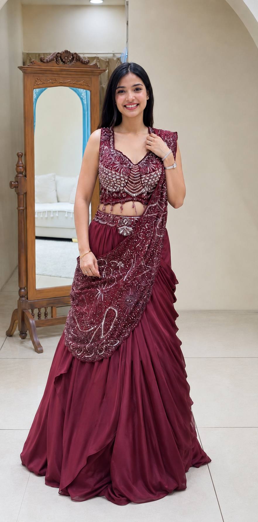Embroidered Rangoli Silk Pre-Draped Lehenga Saree Set