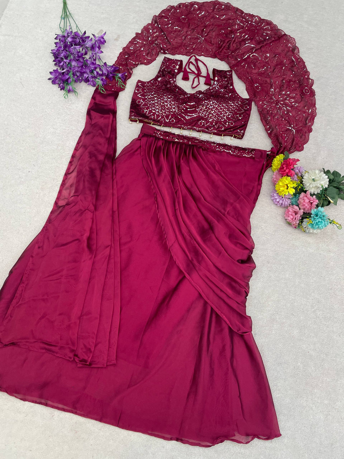 Embroidered Rangoli Silk Pre-Draped Lehenga Saree Set