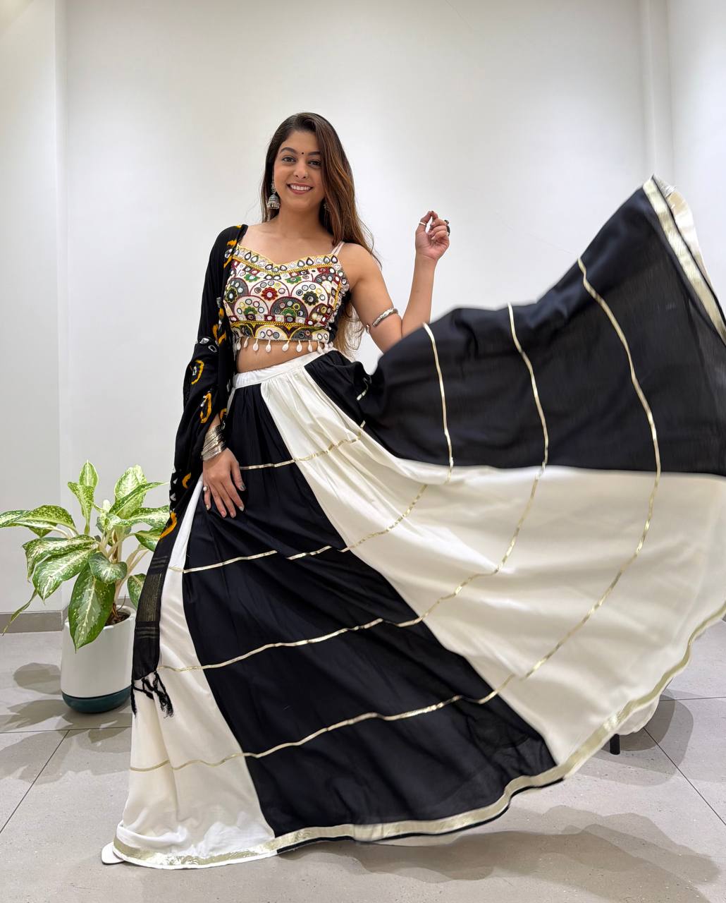 Designer 6M Flair Real Mirror Navratri Lehenga Set