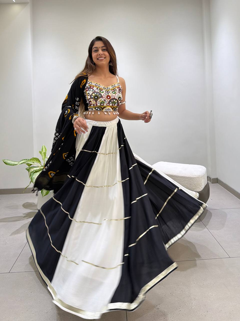 Designer 6M Flair Real Mirror Navratri Lehenga Set