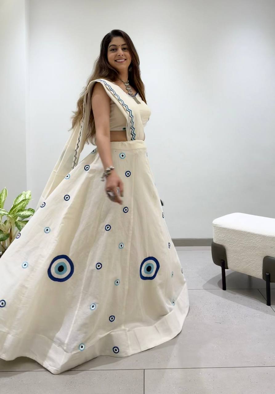 Traditional Embroidered Kora Cotton Navratri Lehenga Set